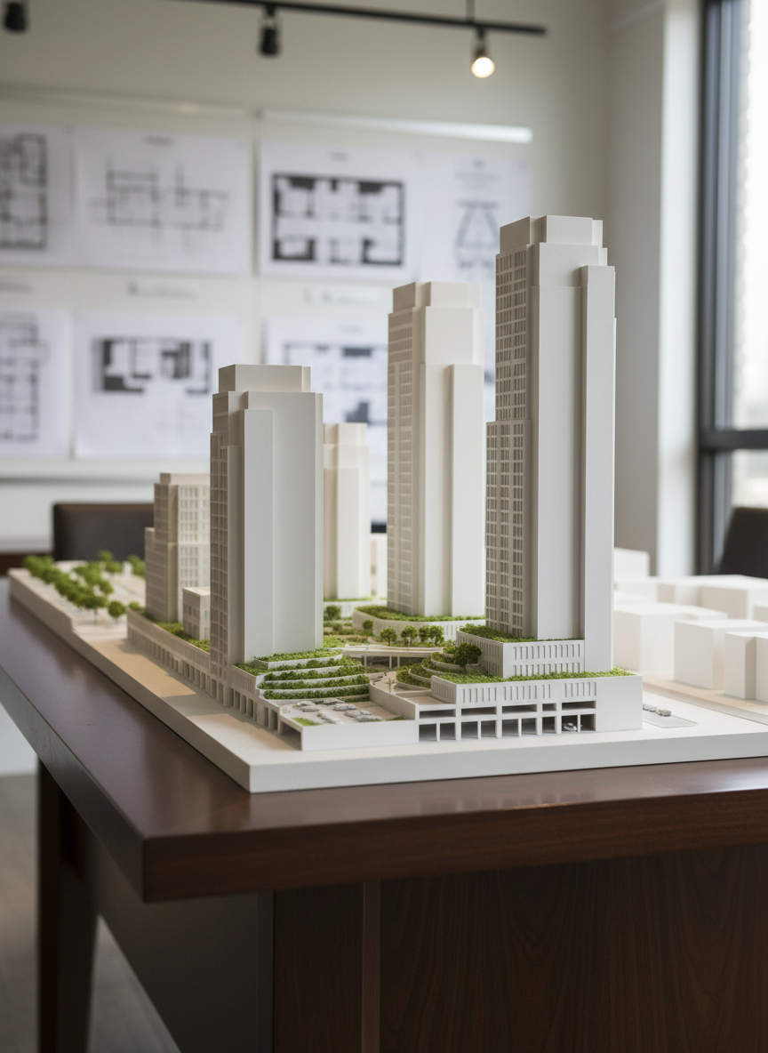A pristine architectural model of a mixed-use real estate development, crafted in matte white resin with tiny, detailed towers, landscaped green terraces, and miniature parking structures. The model rests on a dark walnut presentation table in a minimalist studio. Overhead track lighting and soft side lighting from a nearby window combine to create gentle highlights along the building edges and faint shadows in the courtyards. Behind, a blurred wall of pinned blueprints and monochrome floor plans adds context without distraction. Captured from a slightly elevated angle using photographic realism, the composition follows the rule of thirds, conveying analytical clarity, long-term planning, and a professional investment-focused mood.
