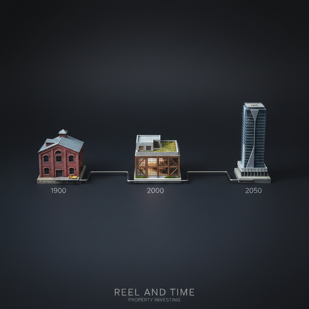 A timeline-inspired composition on a dark, matte background featuring a linear arrangement of small, detailed building miniatures progressing from an older brick warehouse to a renovated loft-style complex and finally to a sleek glass high-rise. Thin, metallic lines connect each miniature, with subtle numeric year markers etched beneath. Focused studio lighting from above creates controlled highlights on rooflines and textured walls, leaving the background in soft shadow. Captured straight-on in photographic realism, the image conveys the concept of real estate over time, transformation, and strategic long-term investment, with a clean, analytical, and professional mood ideal for a brand centered on "Reel and time" in property investing.