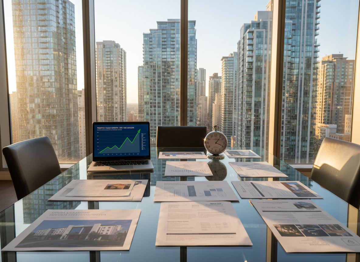 A sleek, glass-walled modern office conference table covered with neatly arranged real estate investment documents, a polished silver laptop displaying a multi-year property growth chart, and a small chrome desk clock frozen at the top of the hour, symbolizing timing the market. The table sits in front of a full-height window overlooking a sharp, city skyline of high-rise residential towers. Late afternoon natural light pours in, casting crisp reflections across the glossy table surface and subtle shadows around the clock. Shot at eye level with a slight angle toward the window, maintaining sharp focus throughout. The photographic realism emphasizes a professional, precise atmosphere with a clean, modern aesthetic suitable for a high-end real estate investment brand.