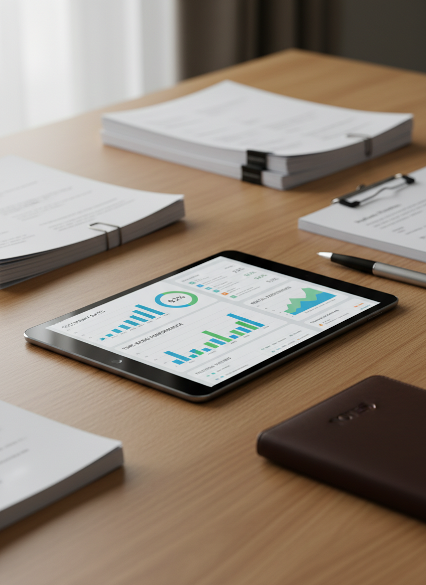 A close-up of a polished black tablet lying on a smooth oak desk, its screen displaying a detailed real estate investment dashboard with occupancy rates, rental yields, and time-based performance graphs. Around the tablet, neatly stacked property valuation reports, a brushed metal pen, and a slim leather-bound notebook add tactile richness. Soft, diffused daylight from a nearby window illuminates the scene, creating subtle reflections on the tablet glass and a gentle gradient of light across the desk. Shot with a shallow depth of field in photographic realism, the tablet and charts are in crisp focus while the documents softly blur, evoking a calm, data-driven, and highly professional atmosphere.