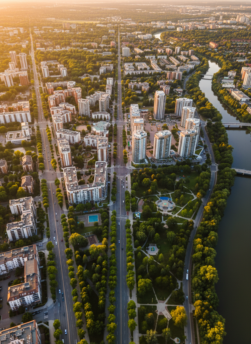 An expansive aerial photographic-style view of a well-planned urban neighborhood, with a clear grid of streets, clusters of mid-rise apartment buildings, pockets of lush green parks, and a ribbon of water cutting across the edge of the frame. Late golden hour sunlight washes the rooftops in warm tones, casting long, precise shadows that emphasize building shapes and density. The image is composed with strong leading lines from main roads drawing the eye toward a central cluster of new, brighter-roofed developments, suggesting emerging investment zones. The mood is confident and optimistic, with crisp detail across the entire frame, showcasing the scale, diversity, and time-based evolution of real estate opportunities.